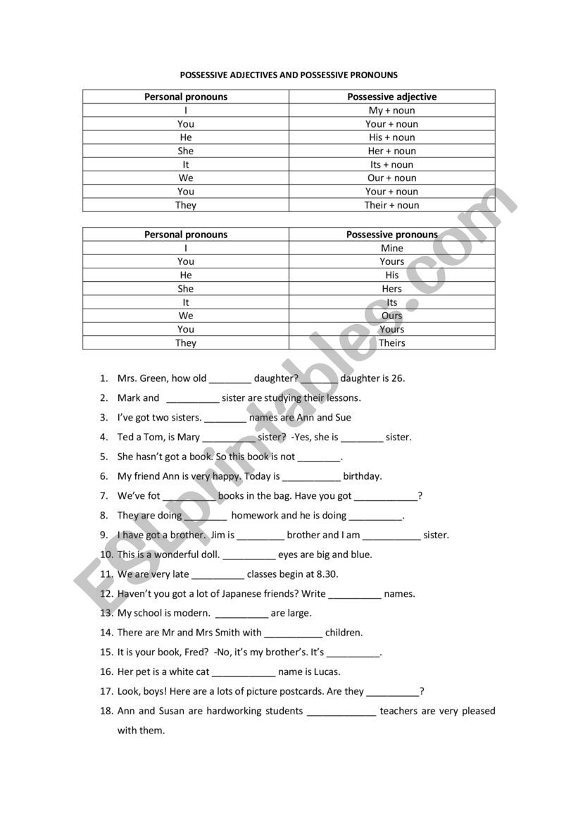 Possesives and comparatives worksheet