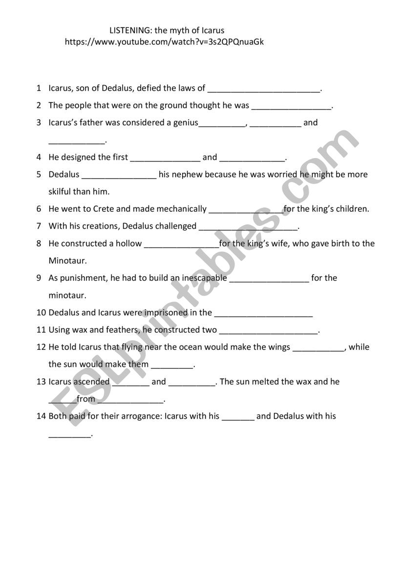 The myth of Icarus worksheet