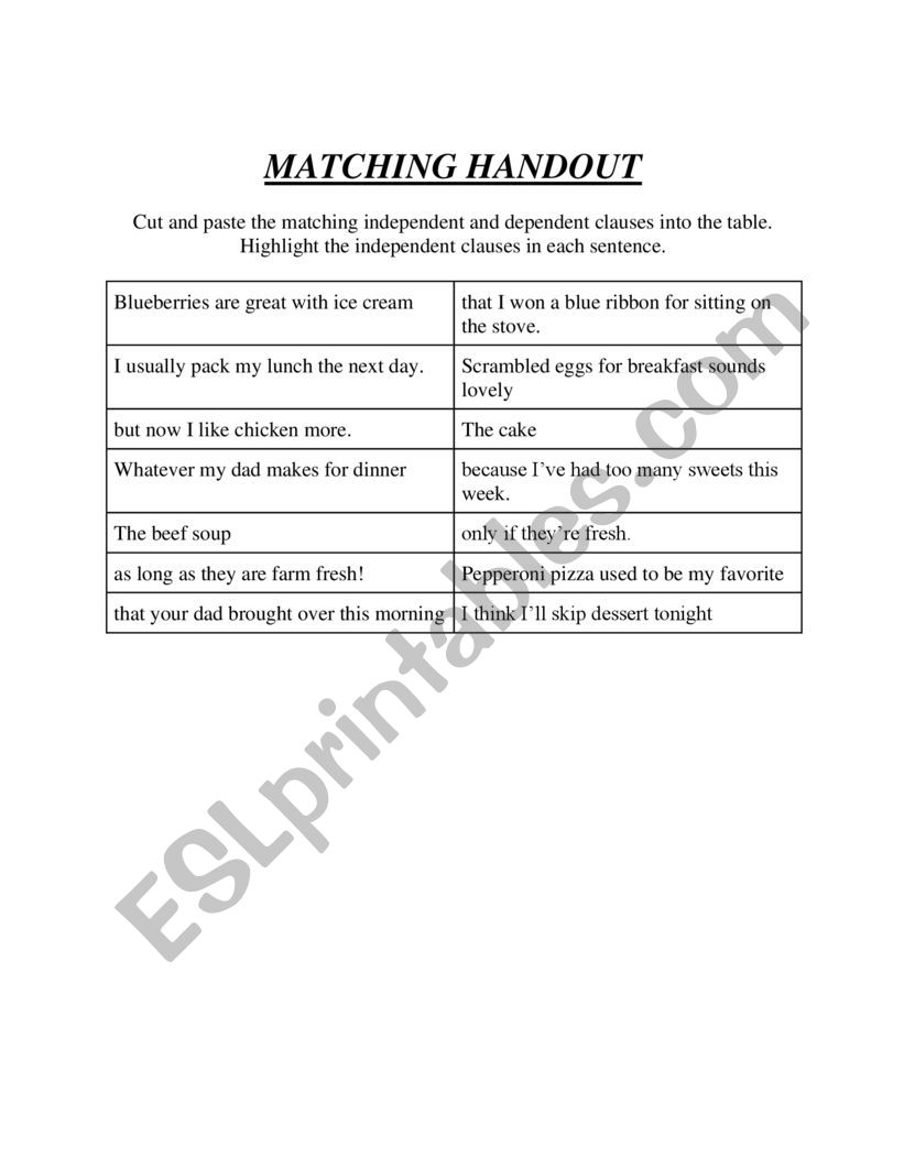 Independent Clause:Dependent Clause Matching Handout