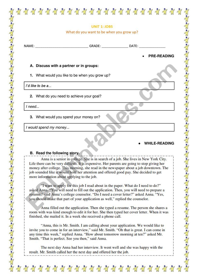 JOBS WORKSHEET worksheet