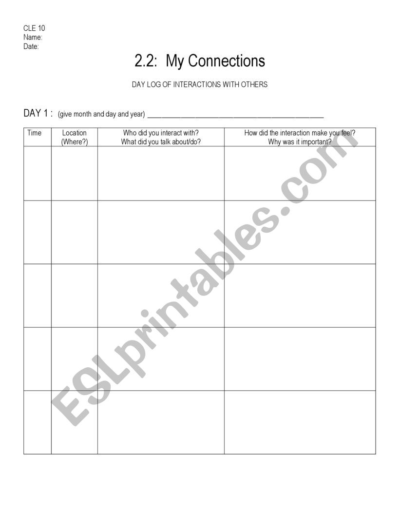 Day Log of Interactions worksheet