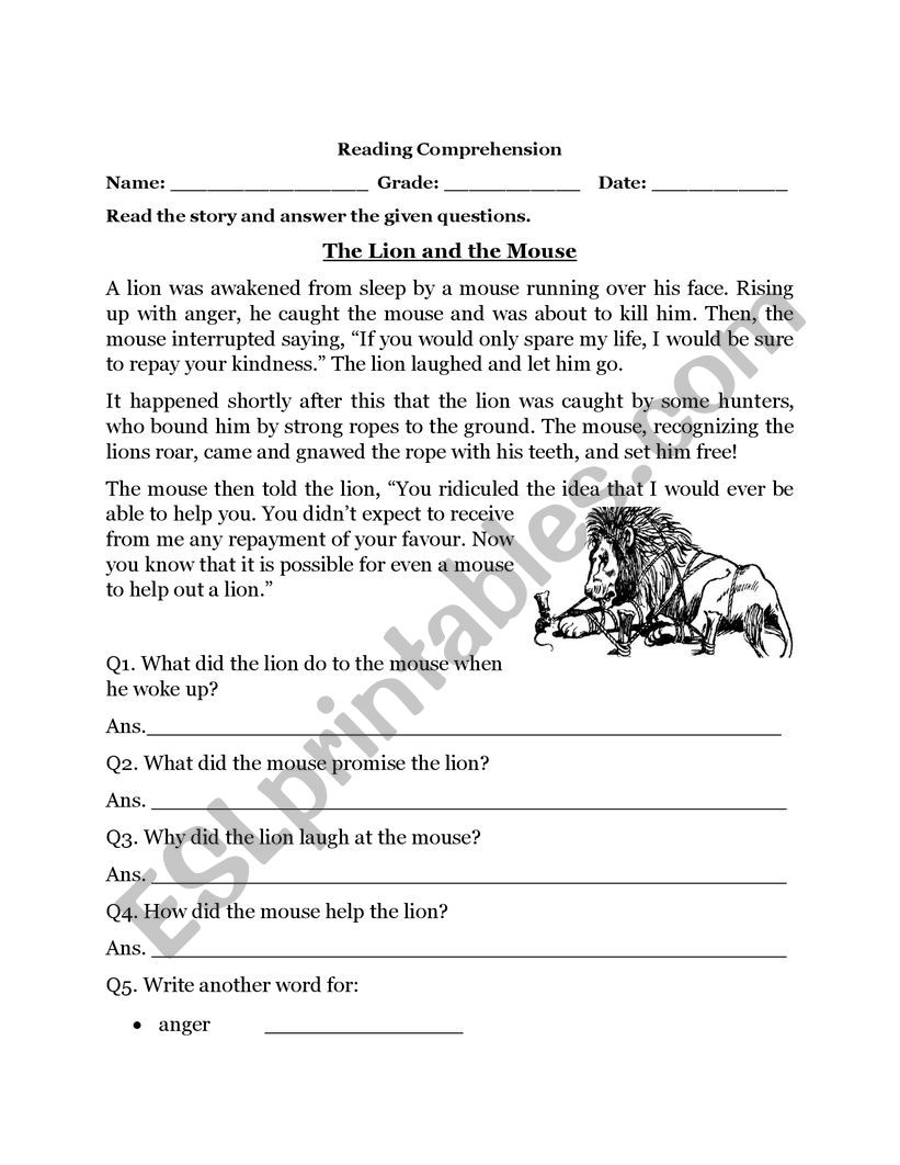 english Comprehension worksheet