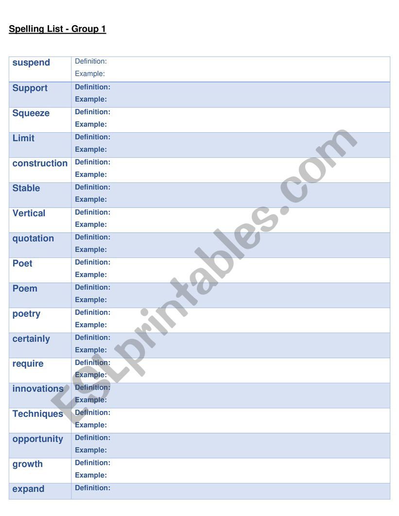 Spelling Vocabulary worksheet