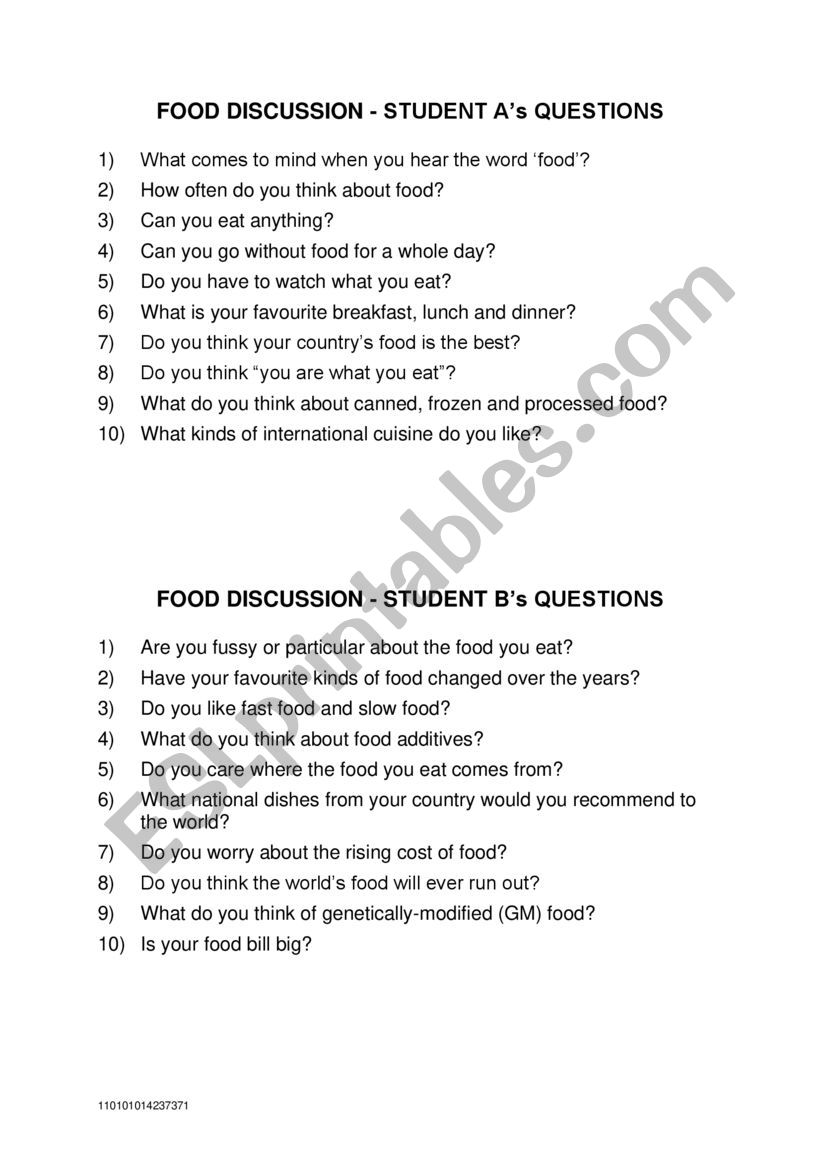 Food Discussion Questions Esl Worksheet By Jelitzkamarionlichtenfelsat