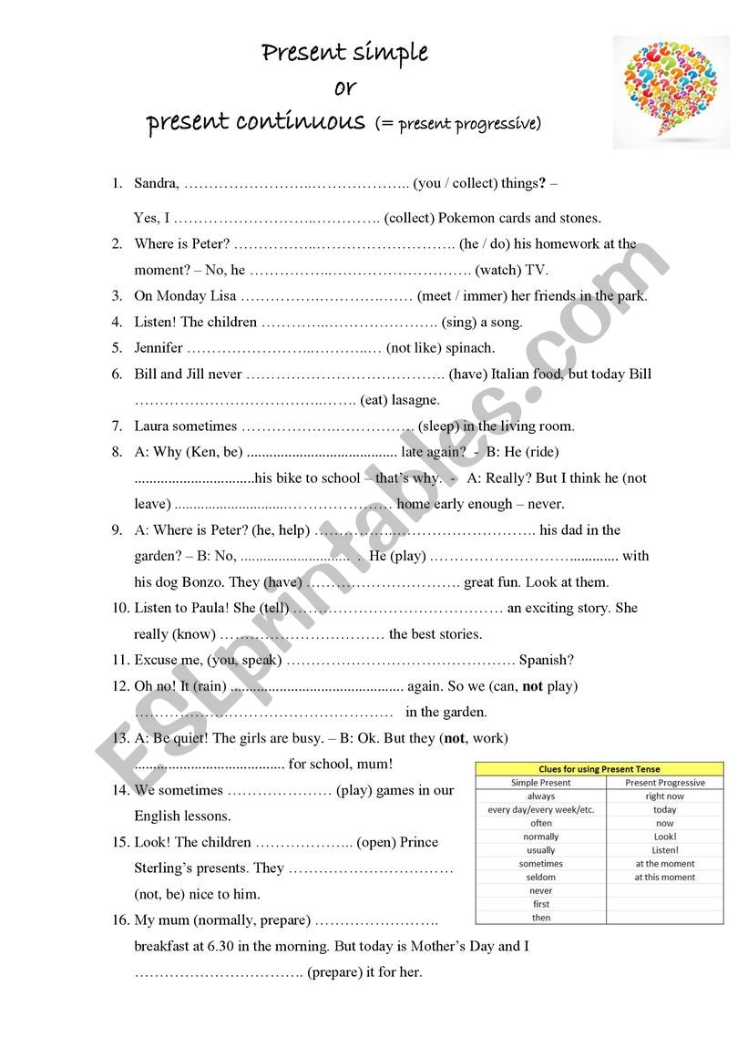 present simple and continuous worksheet