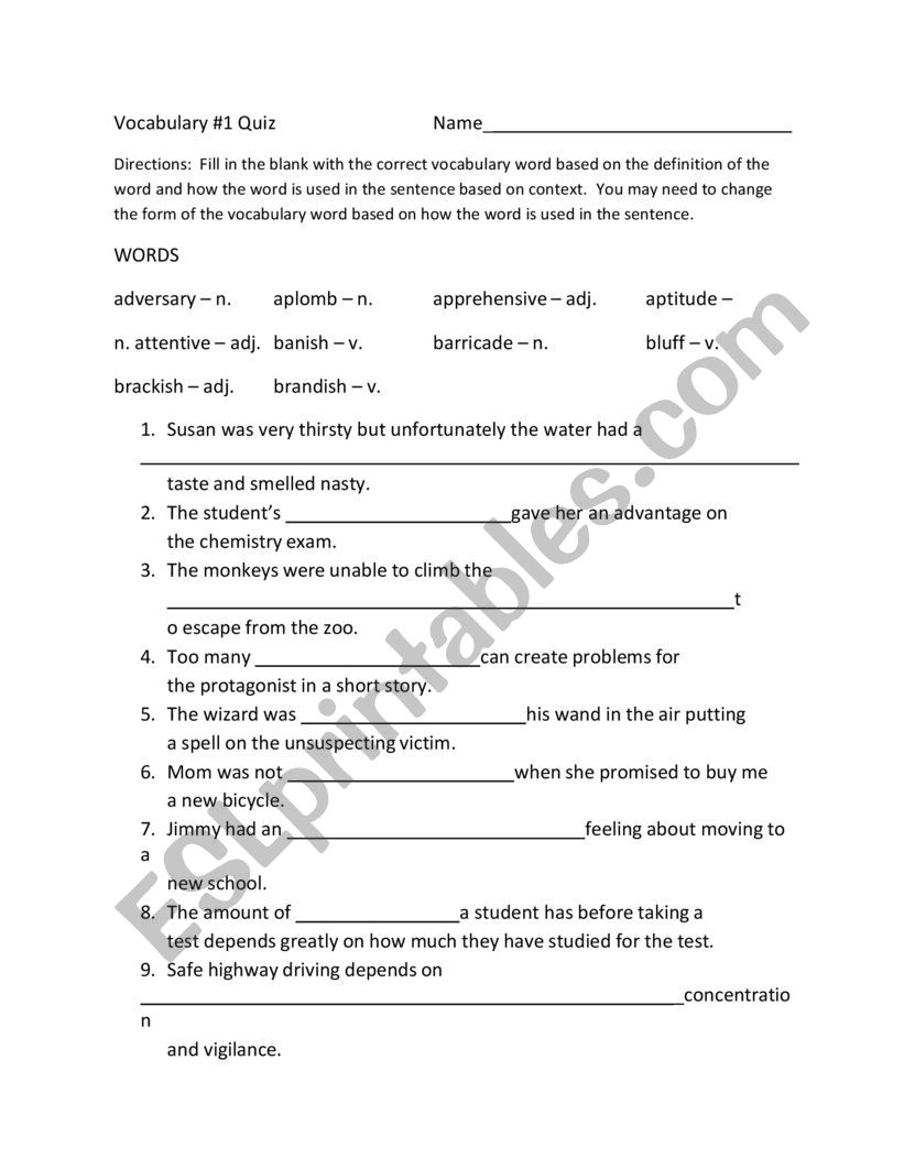 Vocabulary Quiz worksheet