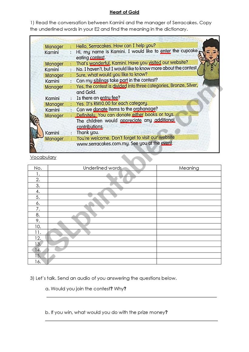 Heart od Gold worksheet