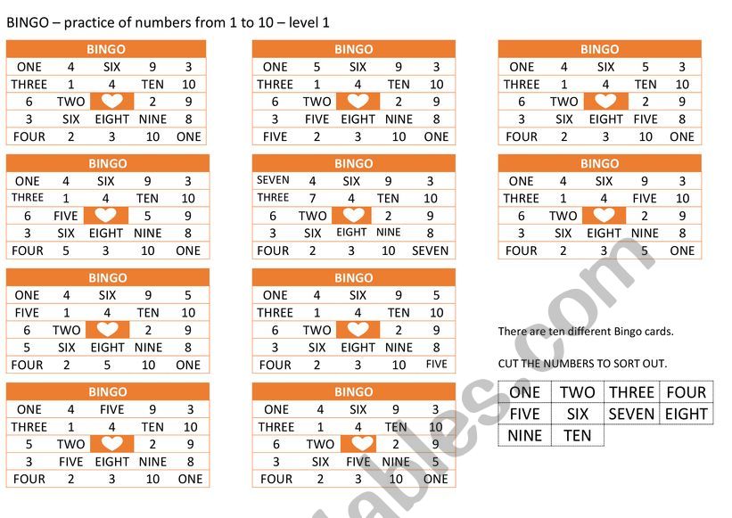 BINGO  practice of numbers from 1 to 10  level 1