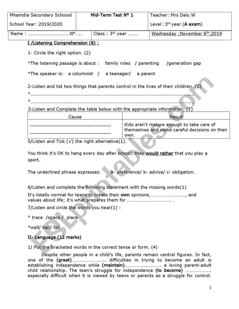 mid term test N1 worksheet