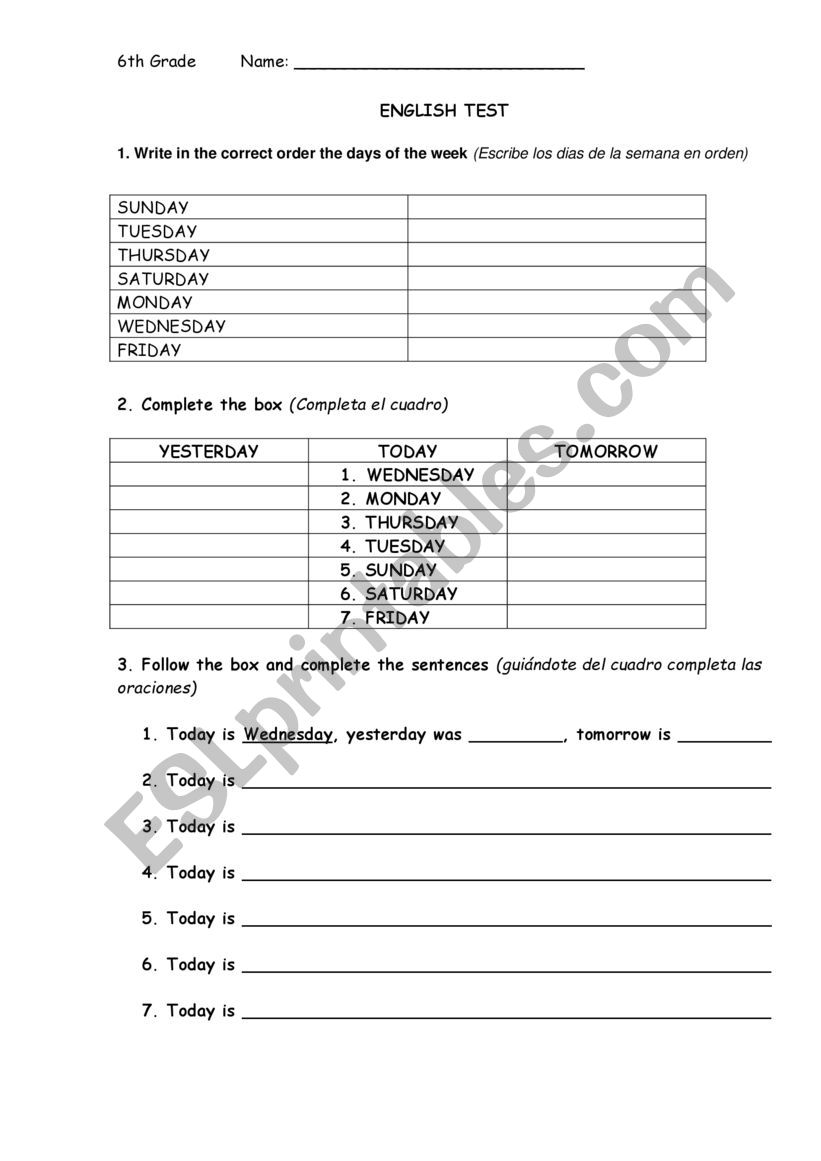 DAYS OF THE WEEK worksheet