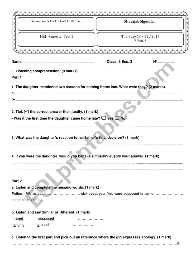 end of term test worksheet