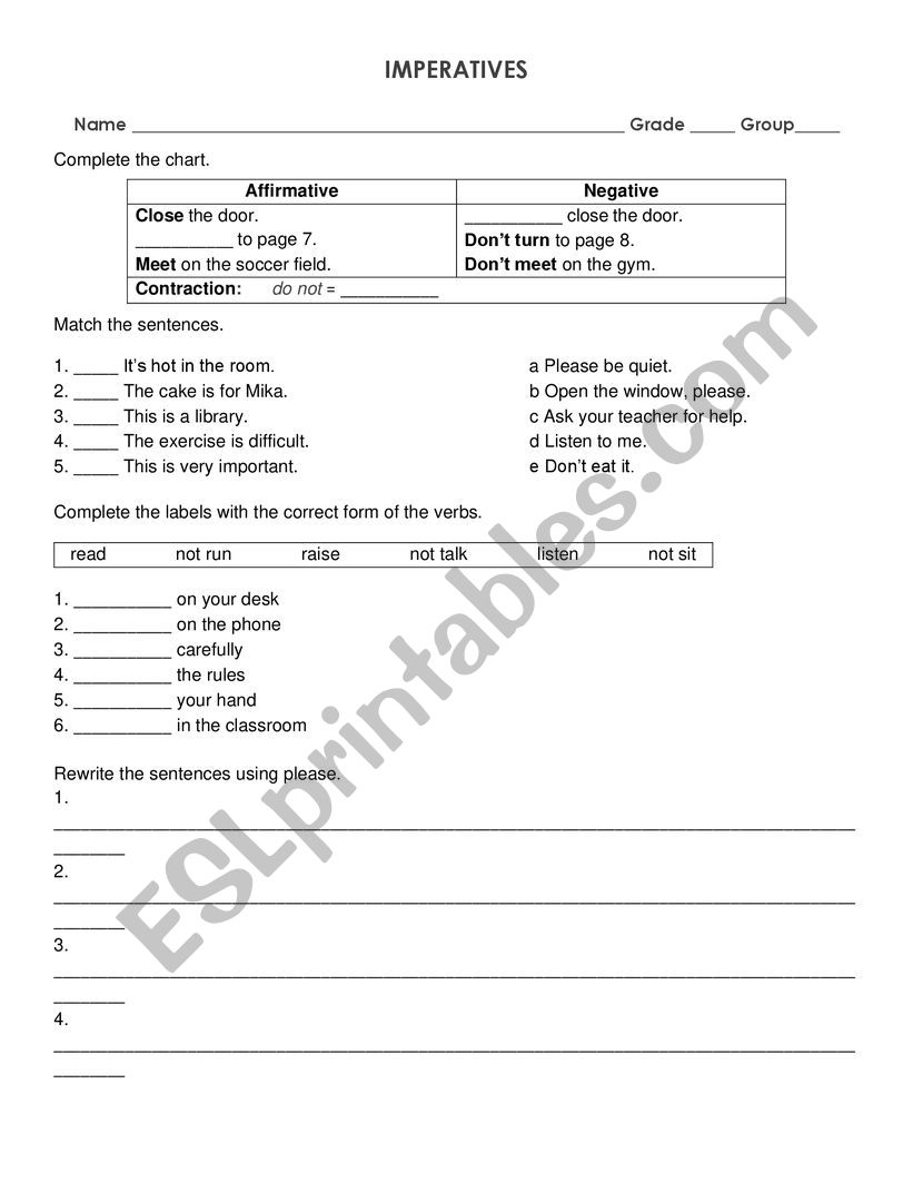 Imperatives Worksheet worksheet