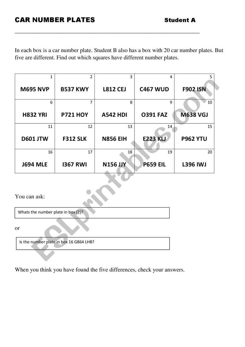 Car Plates worksheet