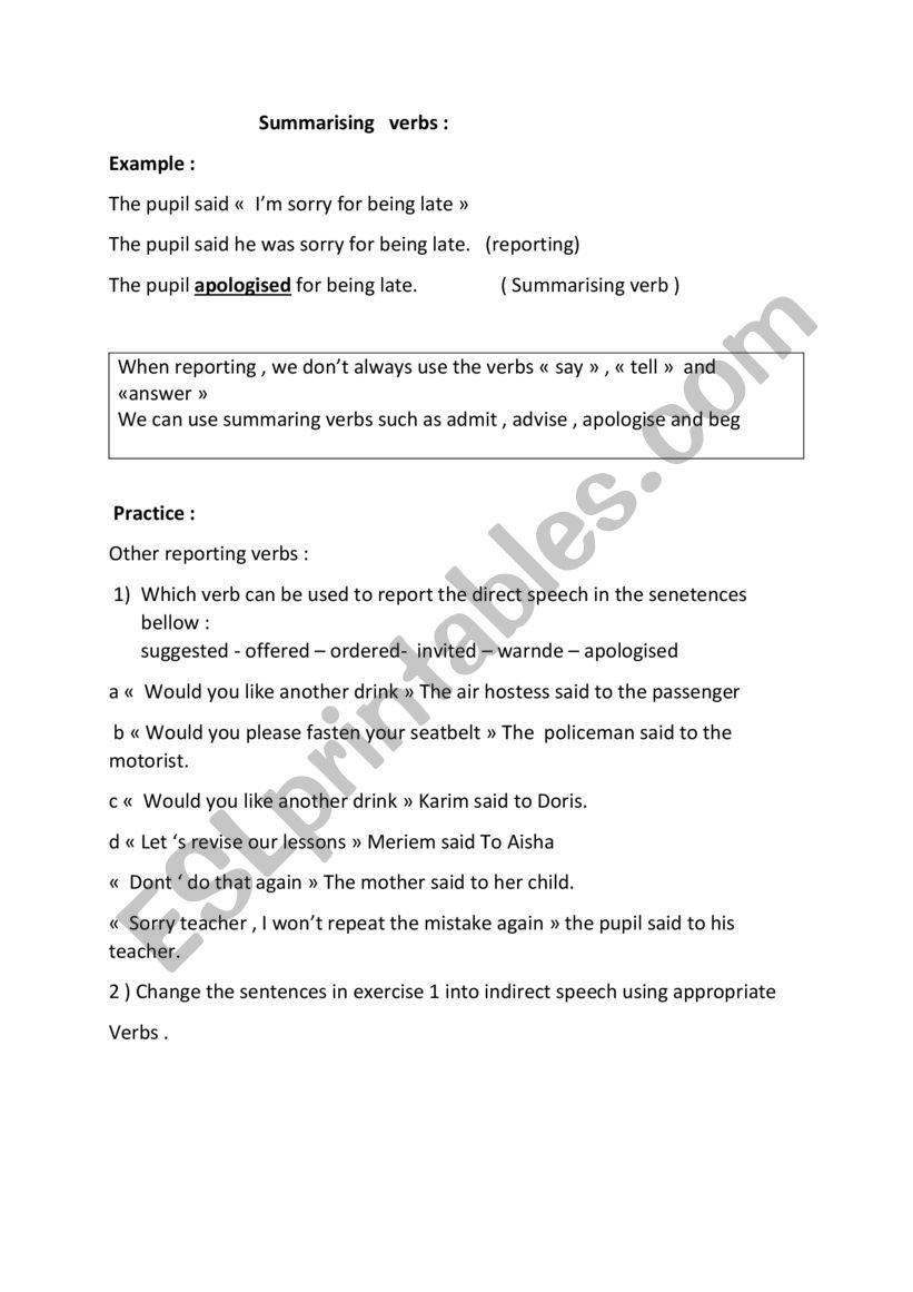 summmarising verbs worksheet