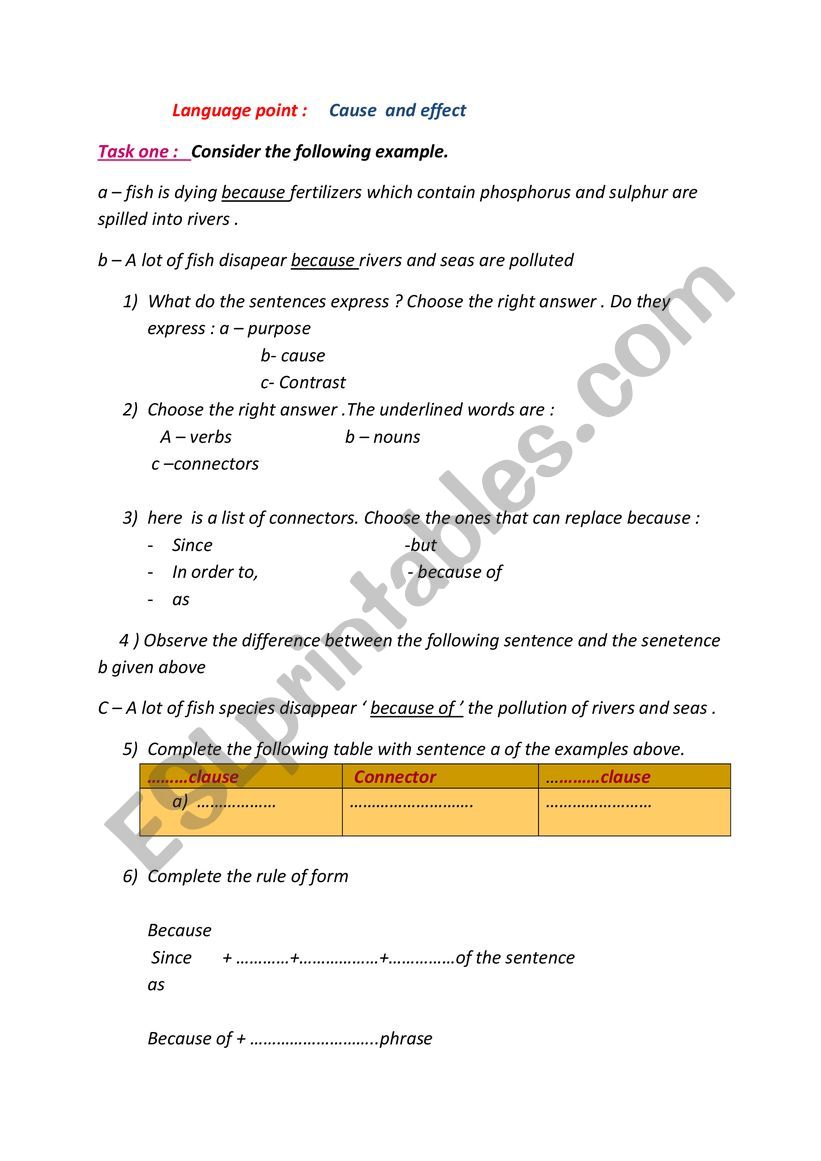 cause and effects worksheet