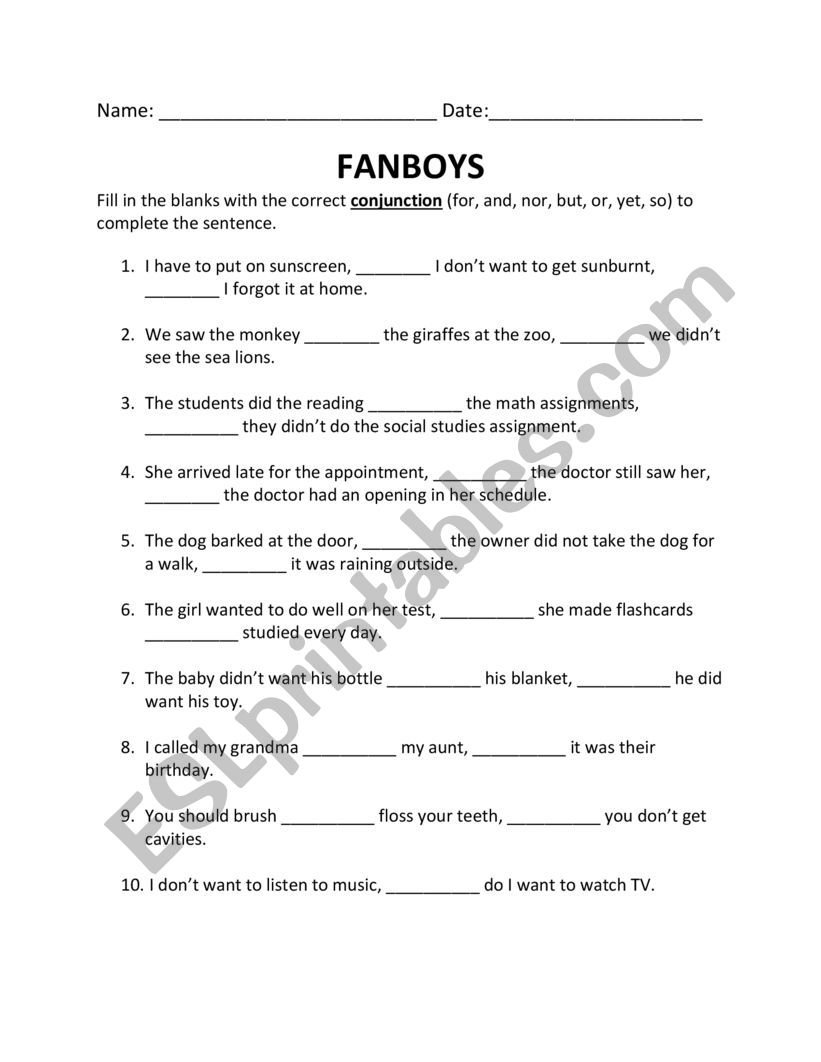 Fanboys Conjunctions Worksheet With Answers