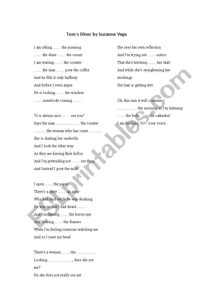 Toms Diner by Suzanne Vega worksheet