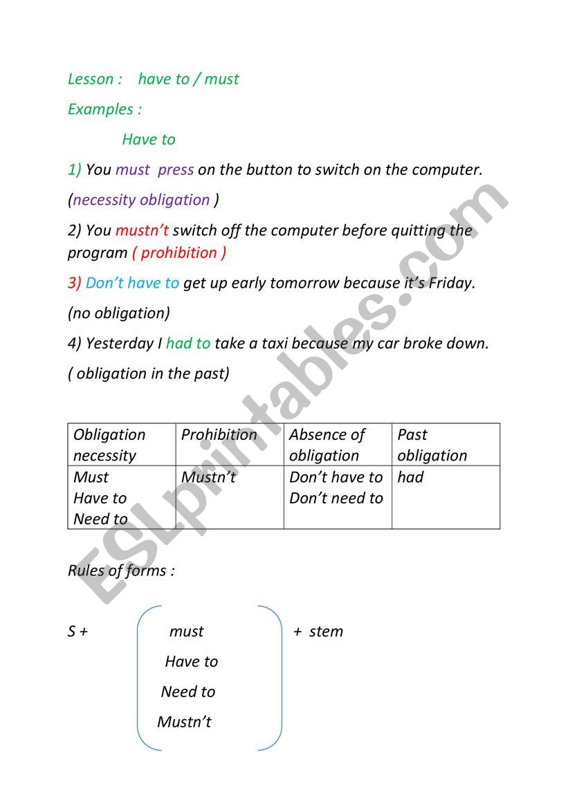 must and have to worksheet
