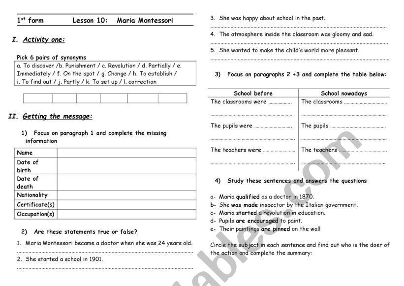 Lesson 10 first Form : Maria Montessorri