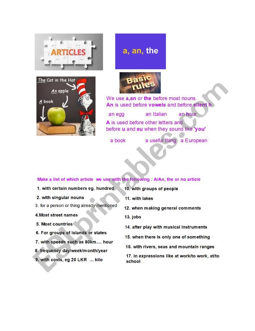 Articles worksheet