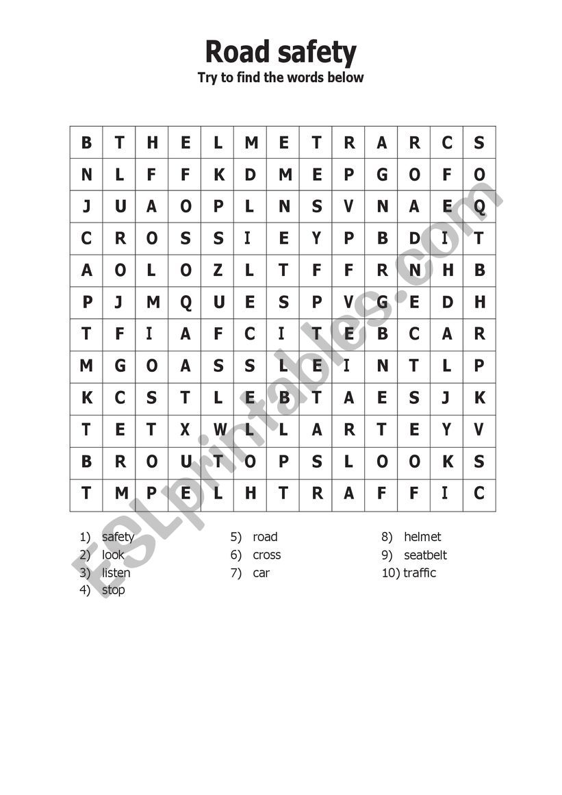 Road safety word-search worksheet