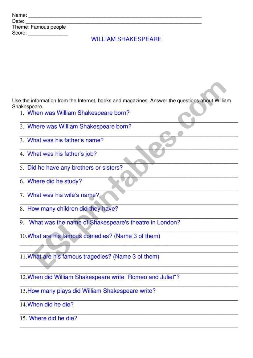 William Shakespeare worksheet