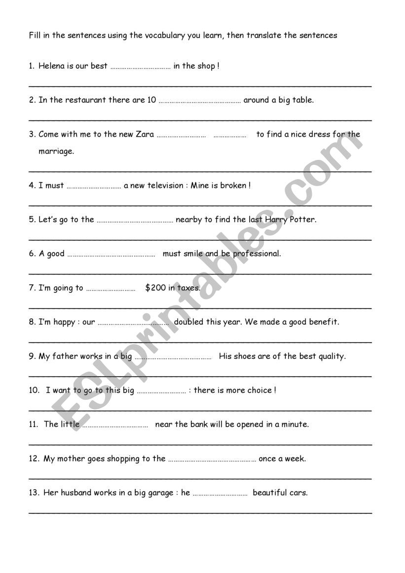 Sales vocabulary worksheet