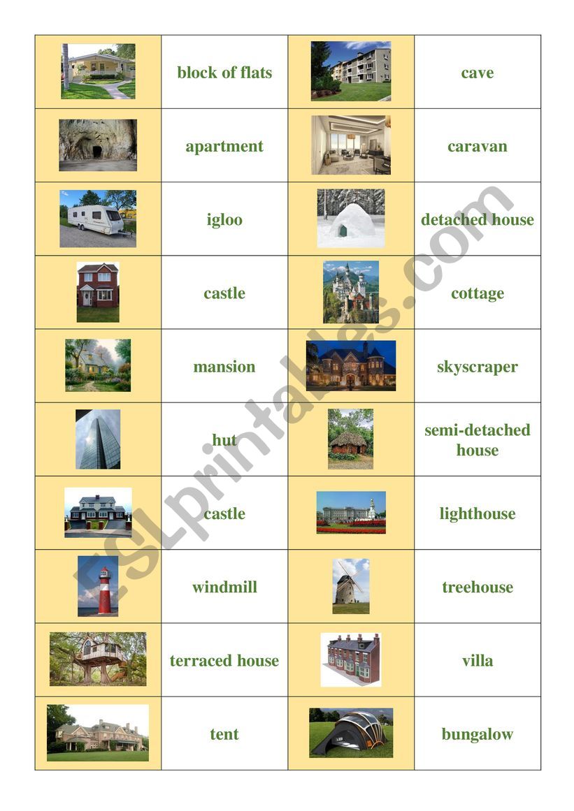 types of houses (domino, matching) - ESL worksheet by lyubka87