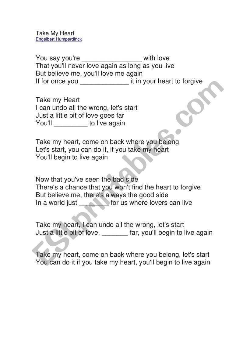 Music - Take my heart worksheet