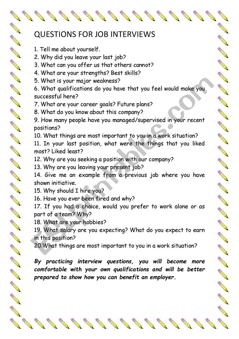 Questions for Job Interviews - ESL worksheet by almurn