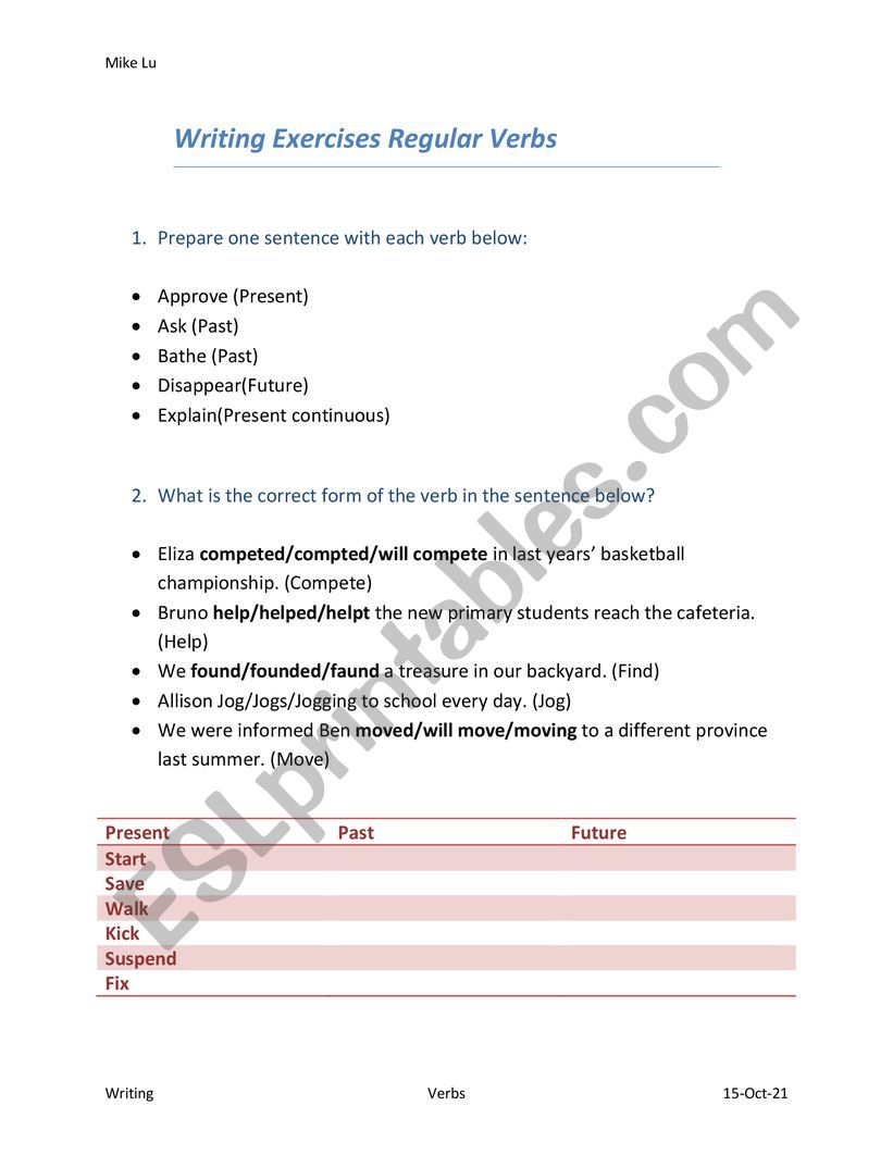 Regular verbs exercises worksheet