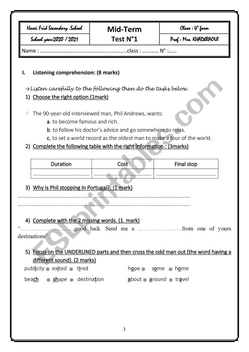 Mid term test 1 worksheet