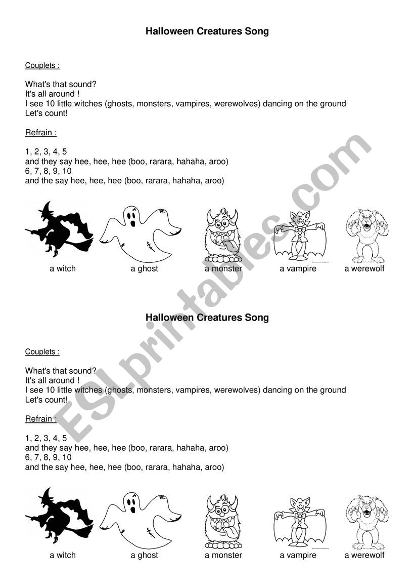 Halloween creatures song worksheet