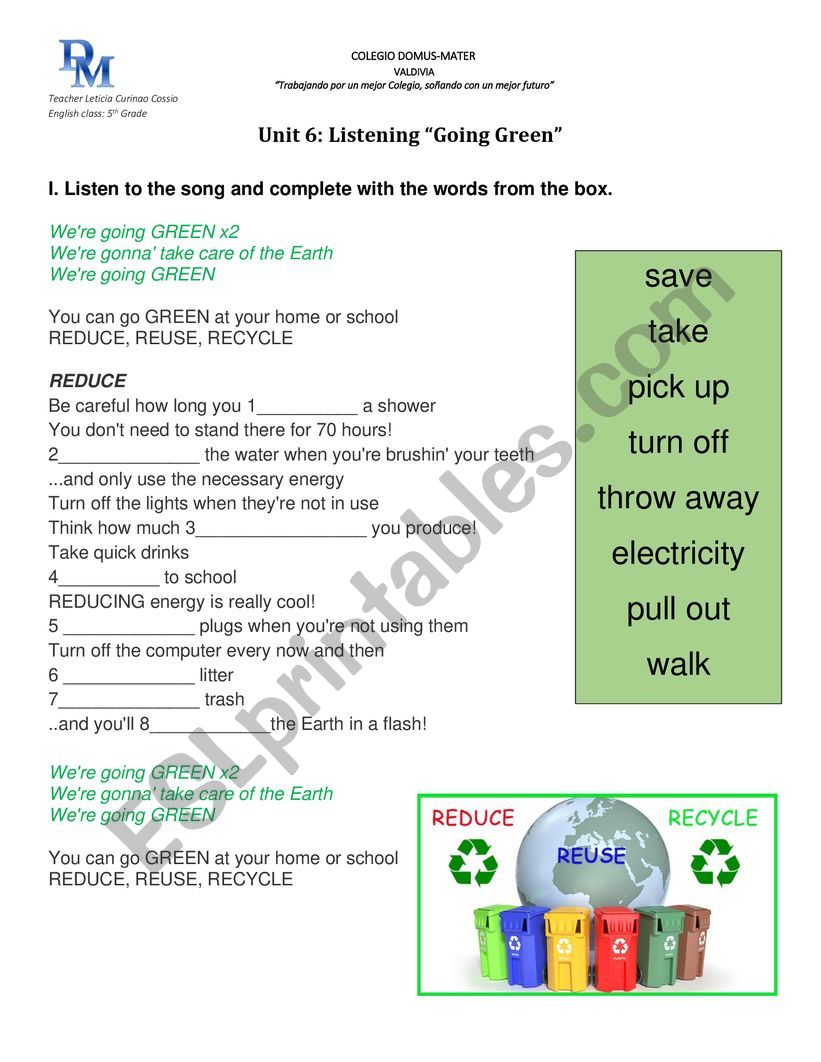 Going Green Son worksheet