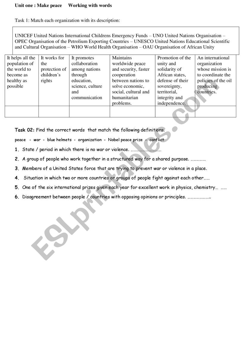 Make peace working with words worksheet