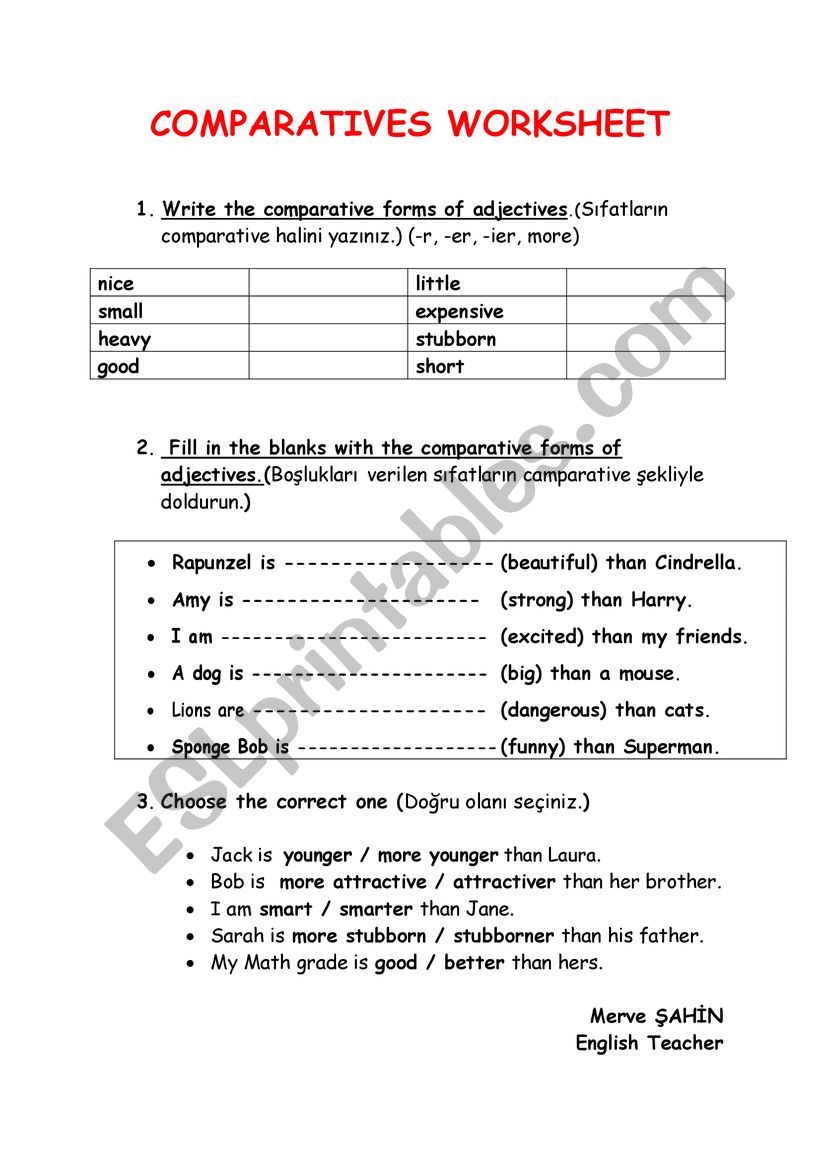 Comparatives Worksheet worksheet