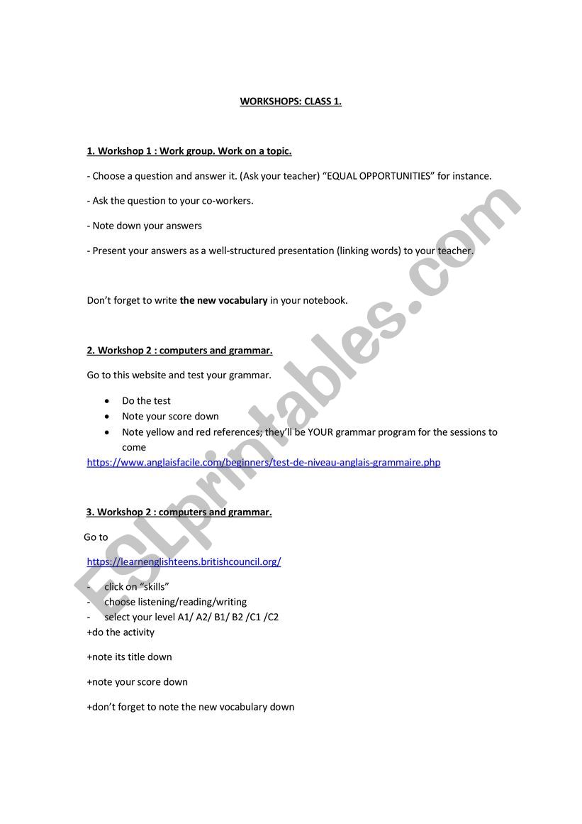 WORKSHOPS SESSION 1 worksheet