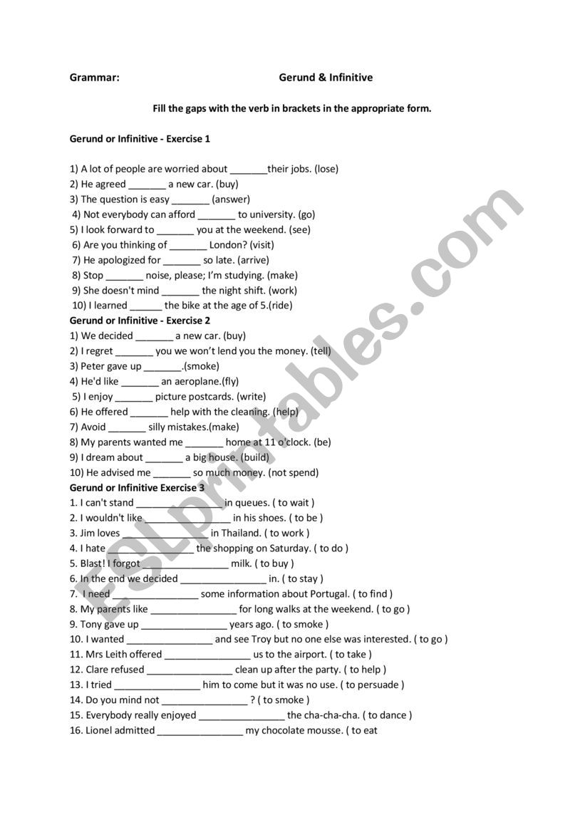 gerund and infinitive worksheet