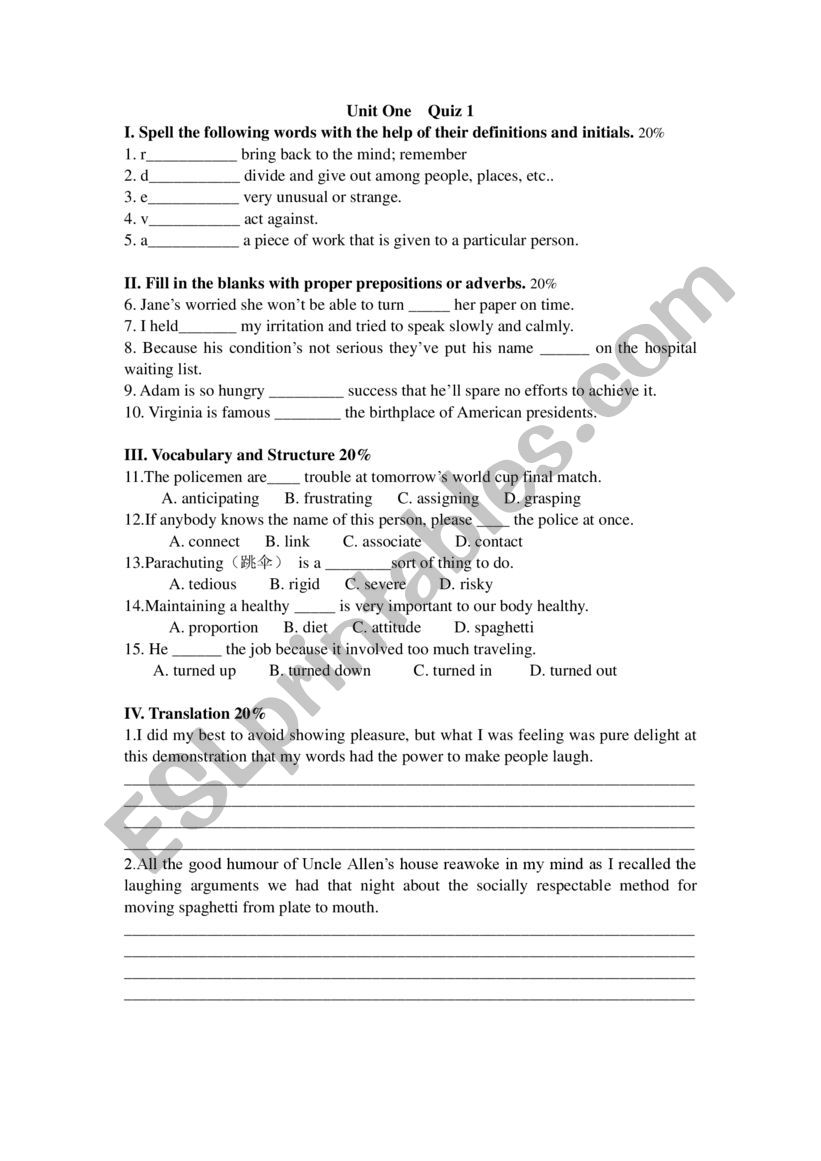 Comprehensive English Quiz worksheet