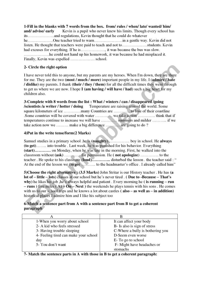 tenses, adjectives, adverbs  worksheet