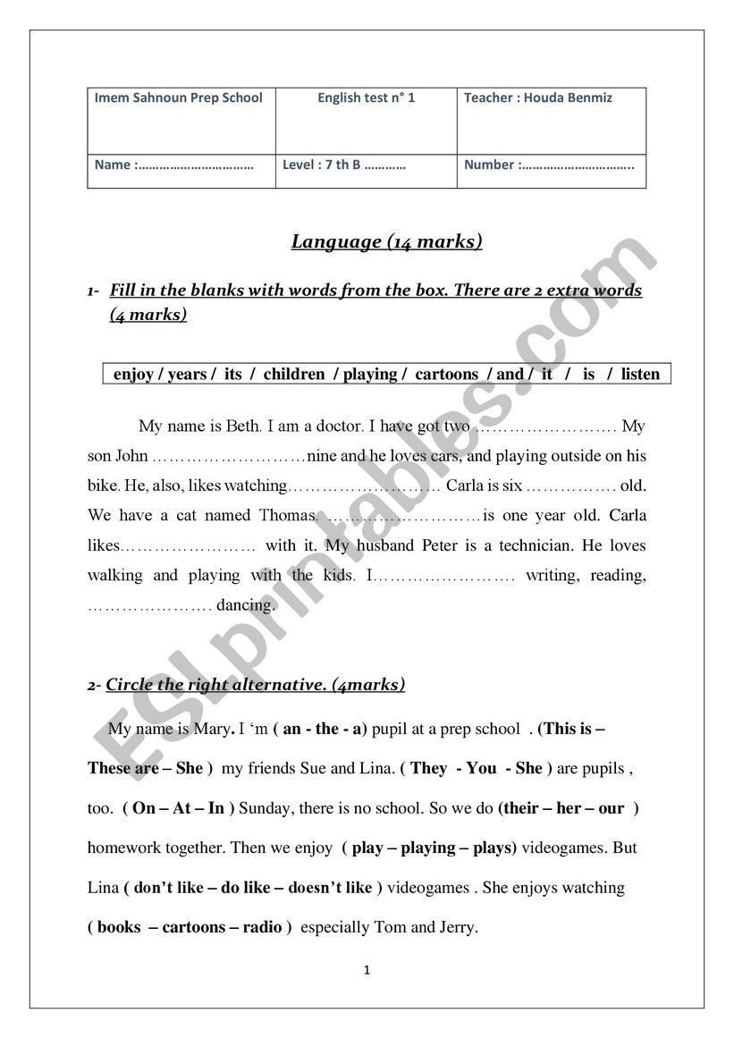 7th mid term test 1 worksheet