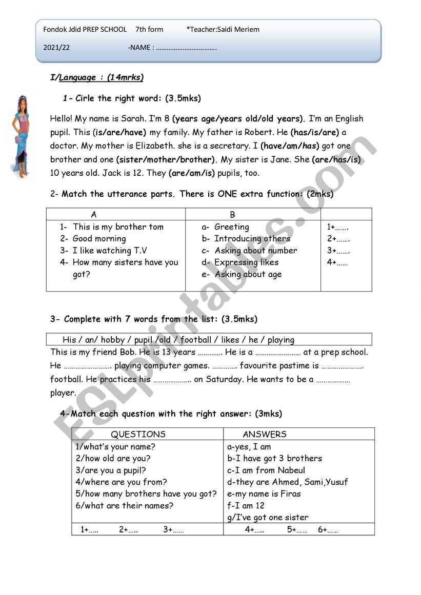 7th form  basic school  worksheet