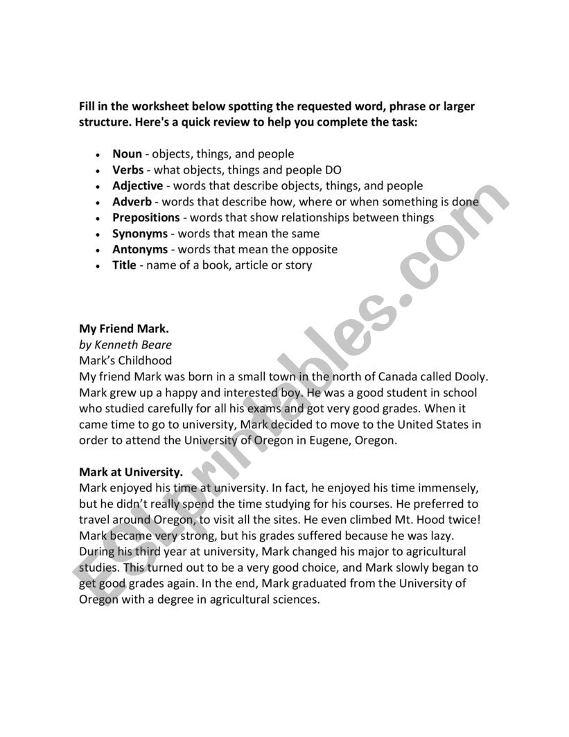 Parts of the speech worksheet