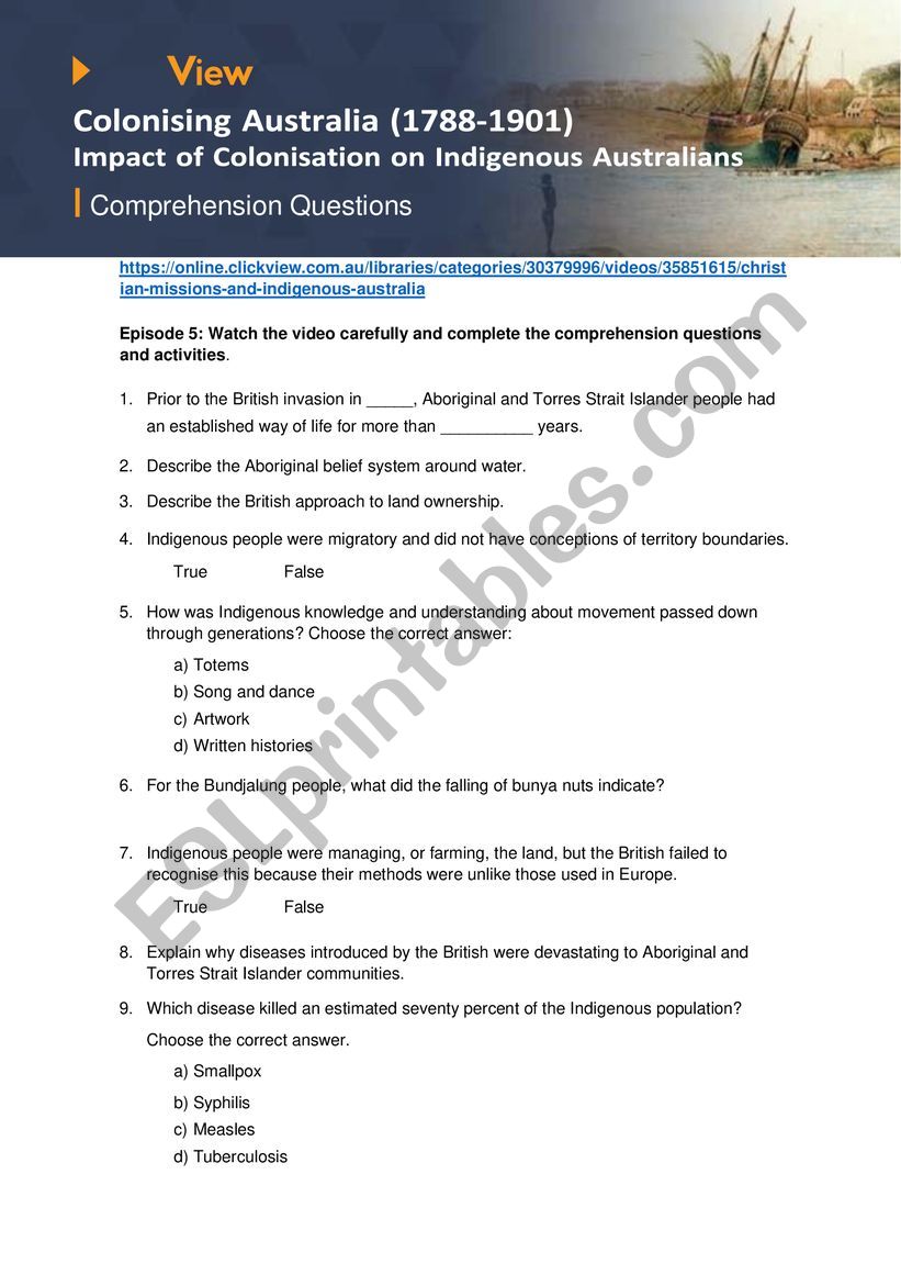 Colonisation Clickview worksheet