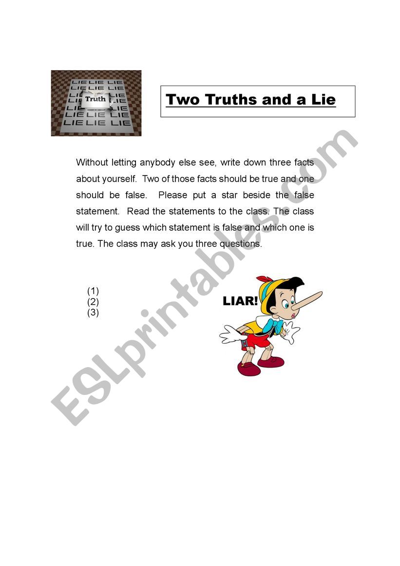 Two truths and a lie. worksheet