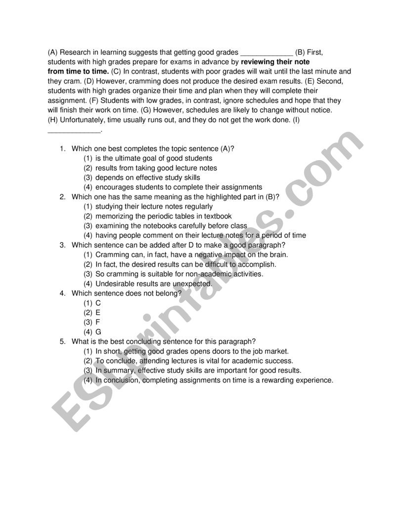 Reading worksheet