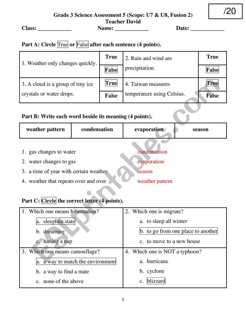 Science test with answers for g3