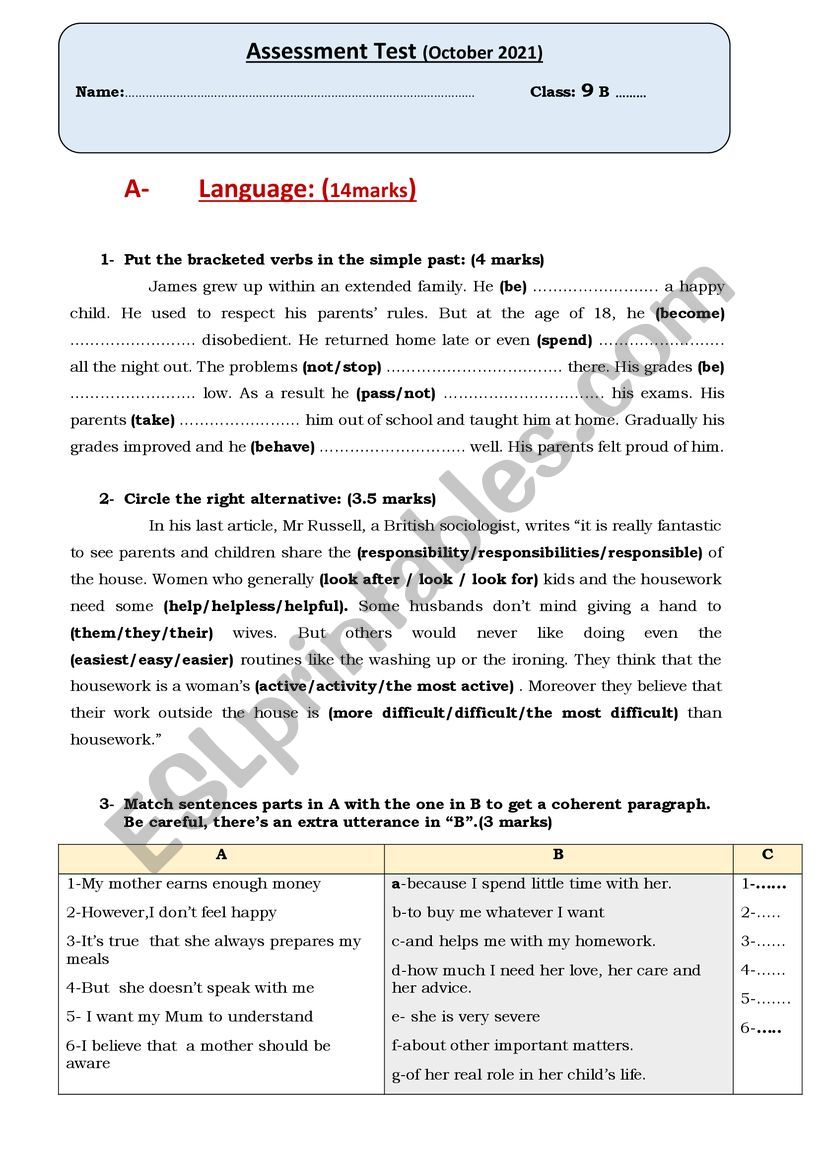 evaluation test 9th form worksheet