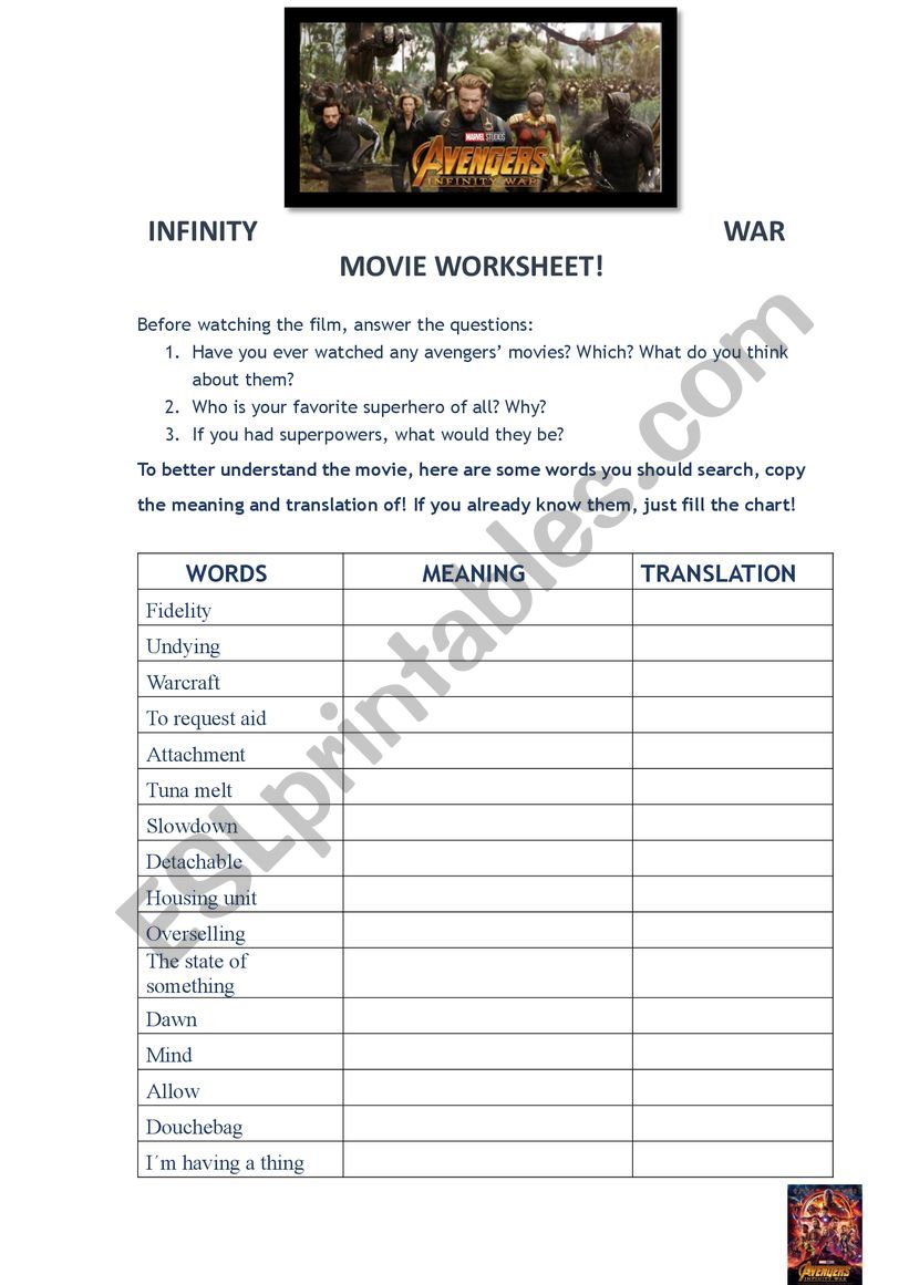 Avengers Infinity war movie worksheet