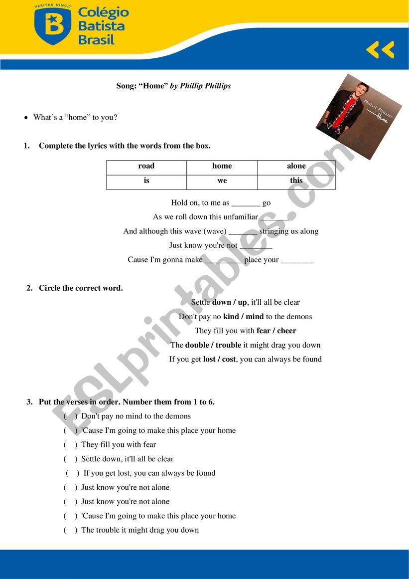 Home by Phillip Phillips worksheet